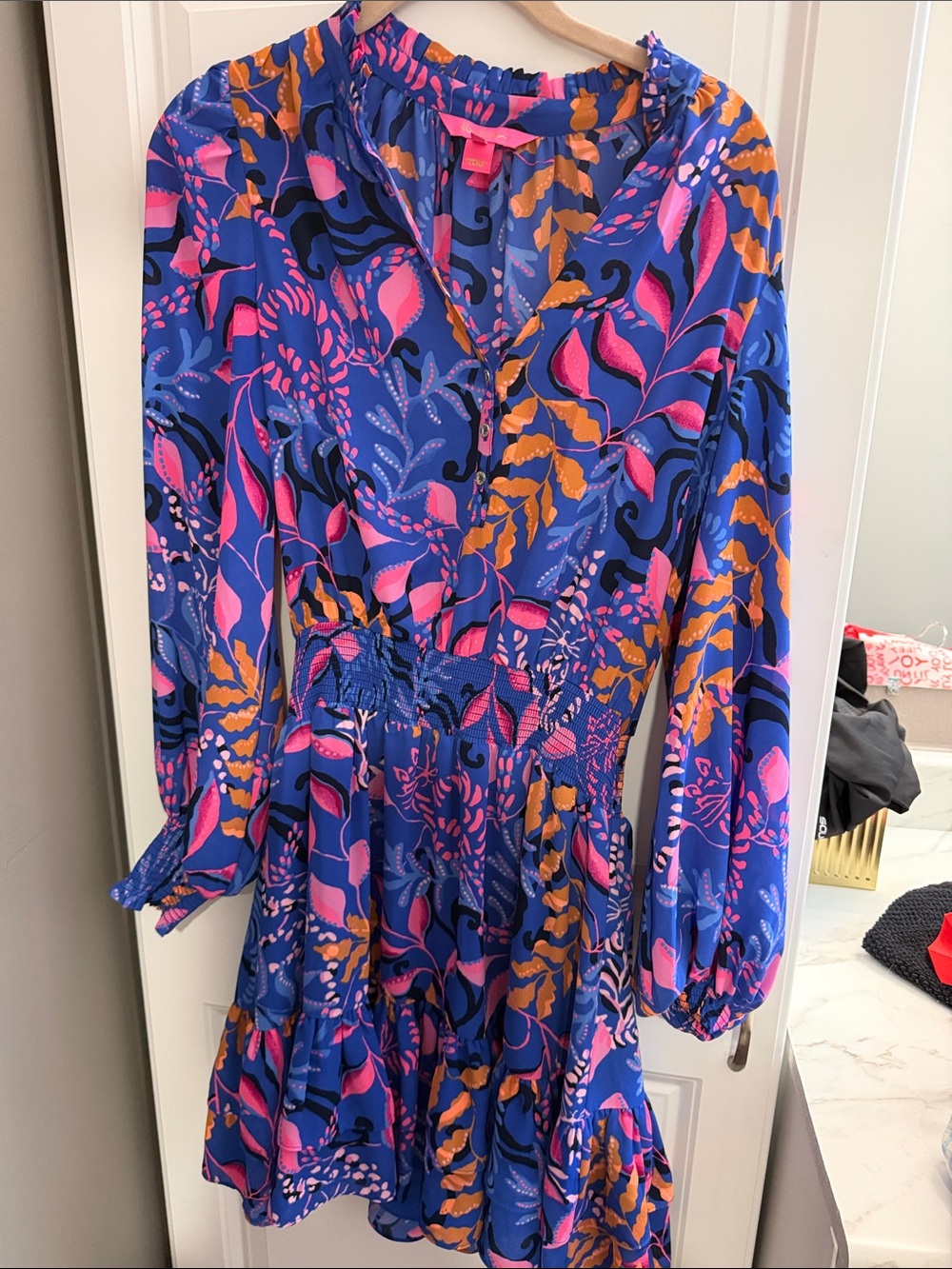 Lilly Pulitzer Blue Floral Long-Sleeve Ruffle Dress